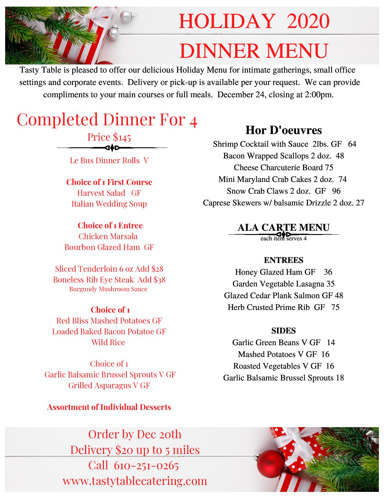 Main Line Holiday Catering Menu - Tasty Table Catering